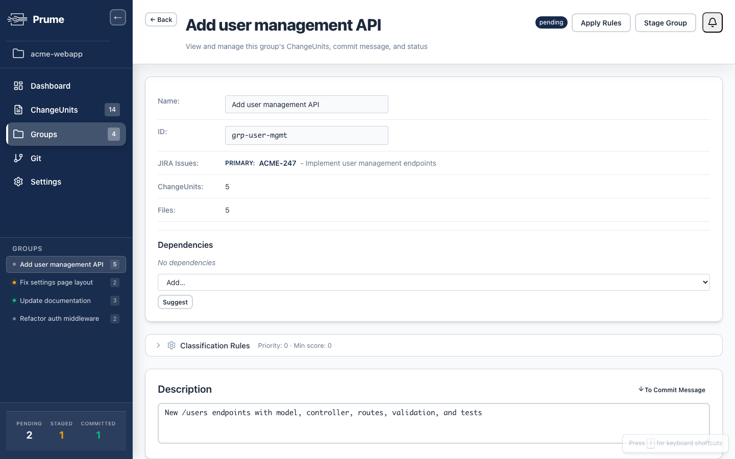 Group detail showing Jira issue link, commit message, and included change units