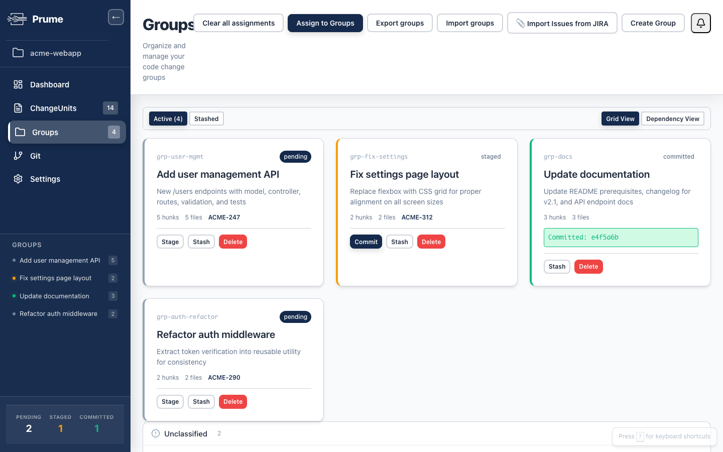 Prume Pro groups view showing auto-classified change groups